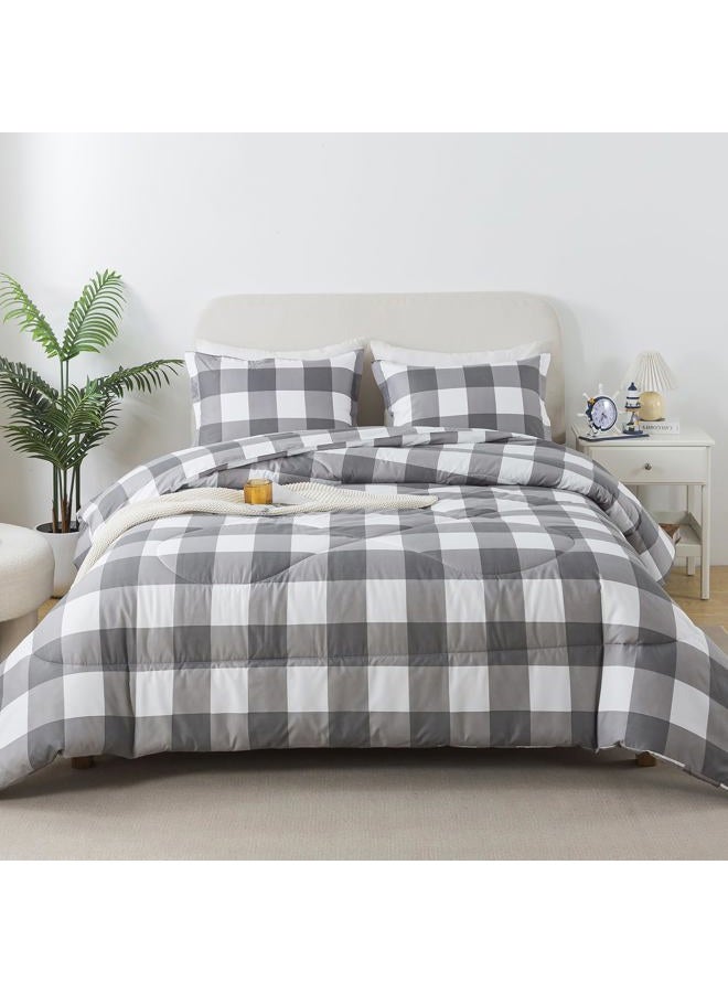 Caressma Plaid Comforter Set Twin, White Gray Buffalo Check Plaid Comforter Bedding Set for All Seasons, Farmhouse Classic Gingham Pattern Print Soft Microfiber Comforter 2 Pieces - Image 1