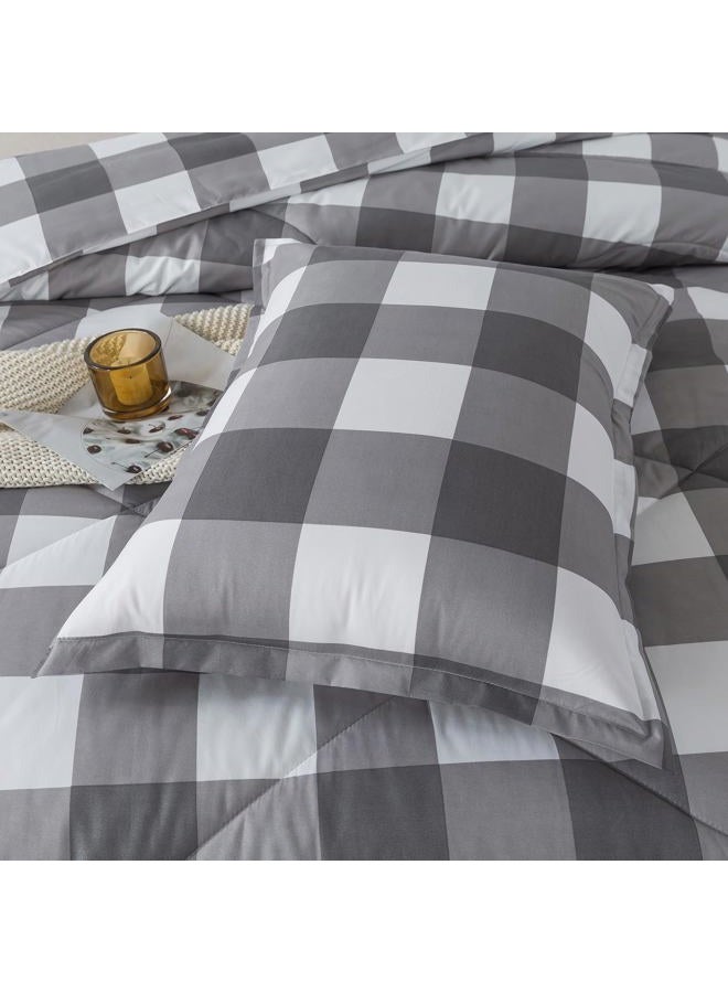 Caressma Plaid Comforter Set Twin, White Gray Buffalo Check Plaid Comforter Bedding Set for All Seasons, Farmhouse Classic Gingham Pattern Print Soft Microfiber Comforter 2 Pieces - Image 5