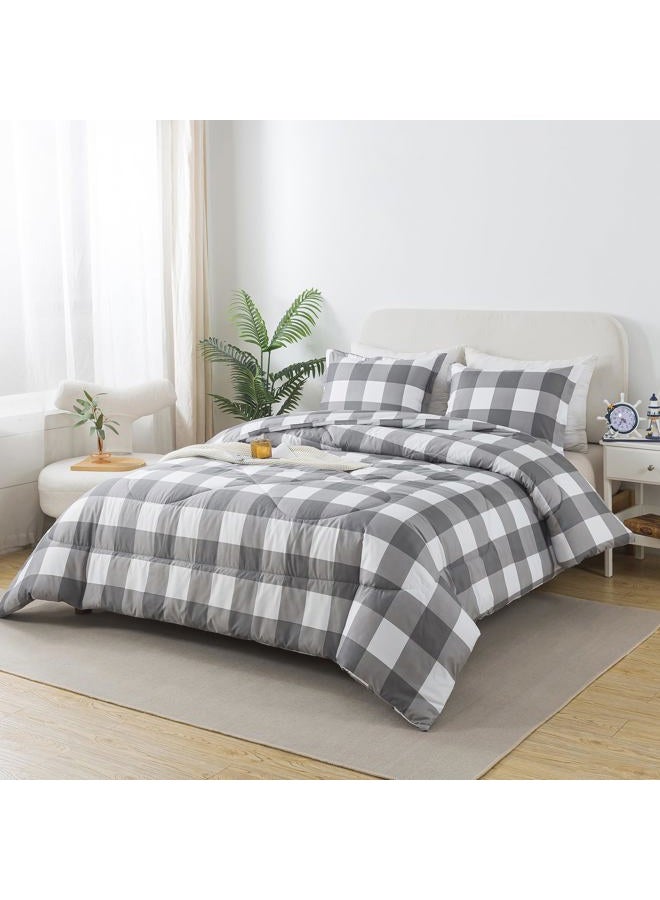 Caressma Plaid Comforter Set Twin, White Gray Buffalo Check Plaid Comforter Bedding Set for All Seasons, Farmhouse Classic Gingham Pattern Print Soft Microfiber Comforter 2 Pieces - Image 2