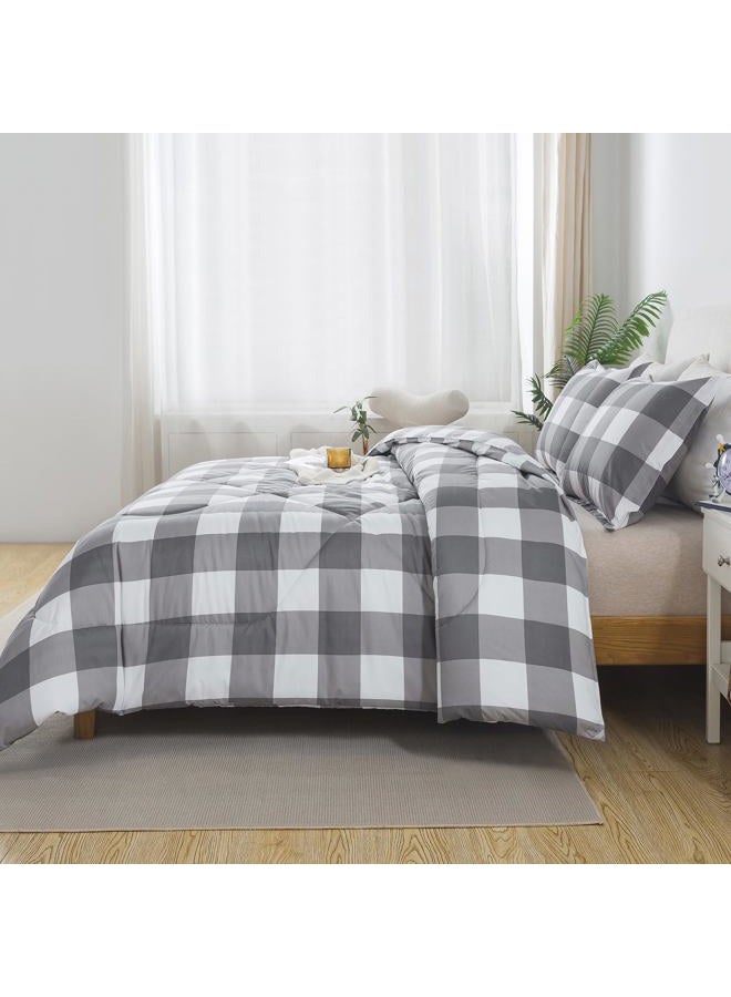 Caressma Plaid Comforter Set Twin, White Gray Buffalo Check Plaid Comforter Bedding Set for All Seasons, Farmhouse Classic Gingham Pattern Print Soft Microfiber Comforter 2 Pieces - Image 4