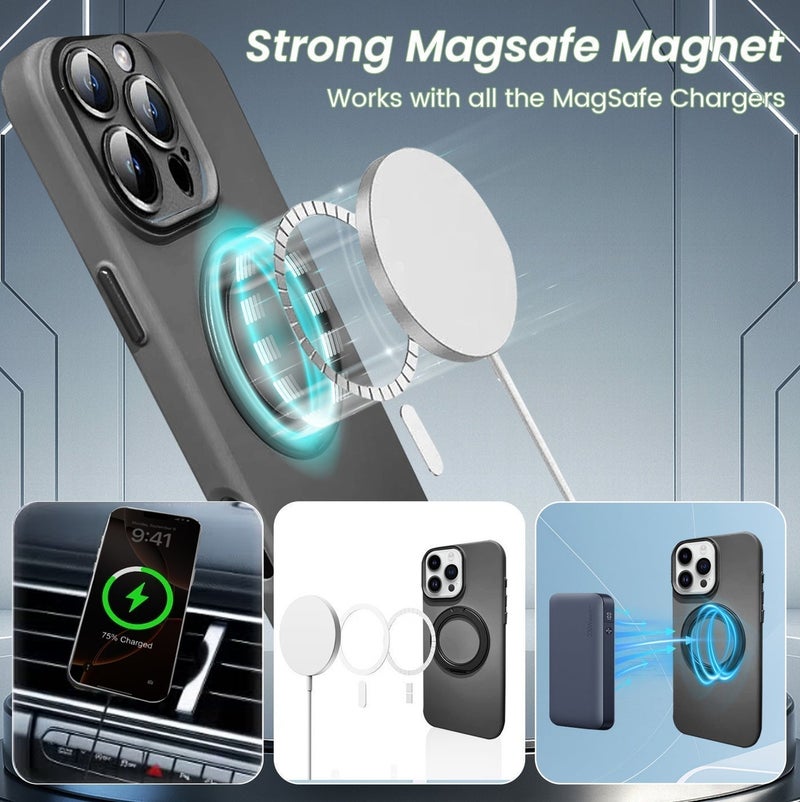 غلاف متوافق مع MagSafe لهاتف آيفون 16 برو ماكس، غلاف هاتف مغناطيسي بستاند دوار مضاد للخدش والصدمات - لون أسود - Image 2