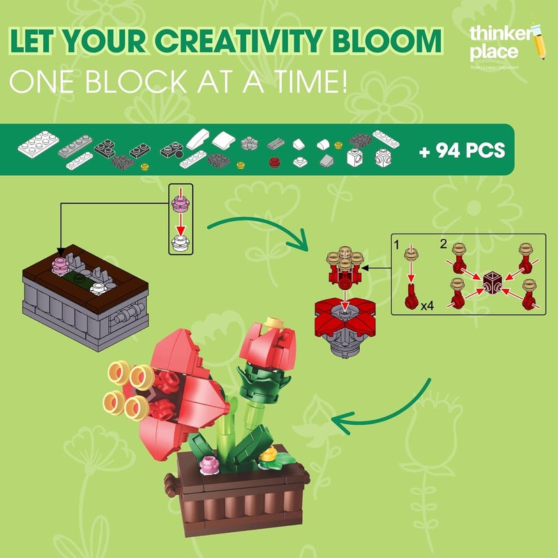 ThinkerPlace 8-in-1 Flowers Galsang Flower (94 Pieces) | Learn About Plant Kingdom | Building Block Set for Kids Age 6+ | STEM Educational Toy | Build, Collect & Create Flower Pen Stand - Image 2