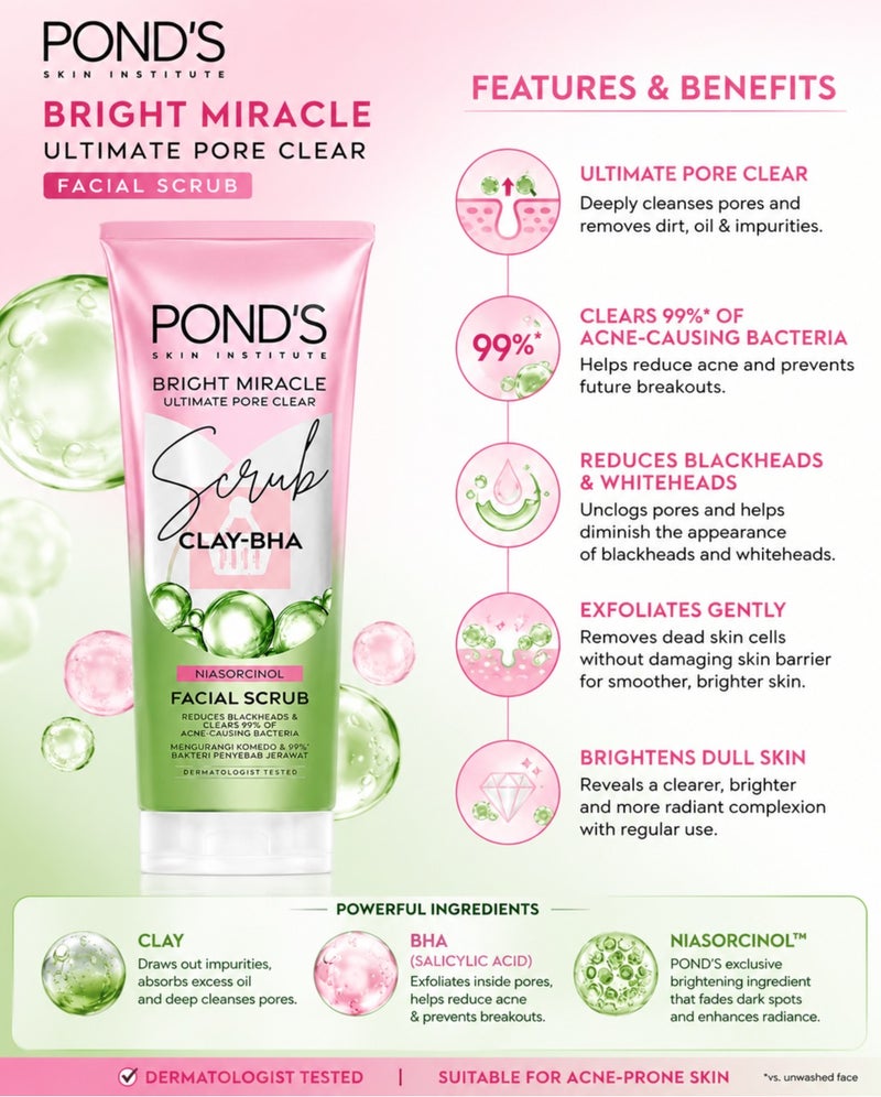 Pond's Pond’s Bright Miracle Ultimate Pore Clear Facial Scrub Clay-BHA With Niasorcinol Deep Cleansing Face Scrub For Blackheads & Acne-Prone Skin 100g - Image 2