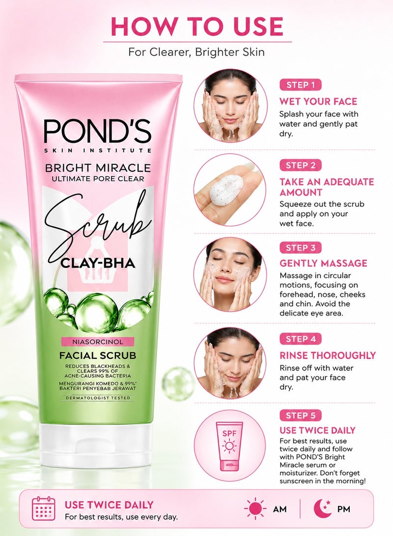 Pond's Pond’s Bright Miracle Ultimate Pore Clear Facial Scrub Clay-BHA With Niasorcinol Deep Cleansing Face Scrub For Blackheads & Acne-Prone Skin 100g - Image 3