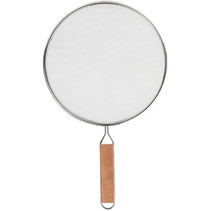 كاست ويف شاشة رذاذ لمقلاة القلي 8 بوصة واقي من تناثر الشحوم من الفولاذ المقاوم للصدأ بمقبض خشبي وشبكة دقيقة من الفولاذ المقاوم للصدأ وواقي من رش الزيت الساخن لمستلزمات الطبخ في المطبخ - Image 1