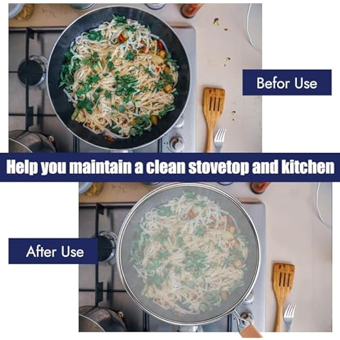 كاست ويف شاشة رذاذ لمقلاة القلي 8 بوصة واقي من تناثر الشحوم من الفولاذ المقاوم للصدأ بمقبض خشبي وشبكة دقيقة من الفولاذ المقاوم للصدأ وواقي من رش الزيت الساخن لمستلزمات الطبخ في المطبخ - Image 2