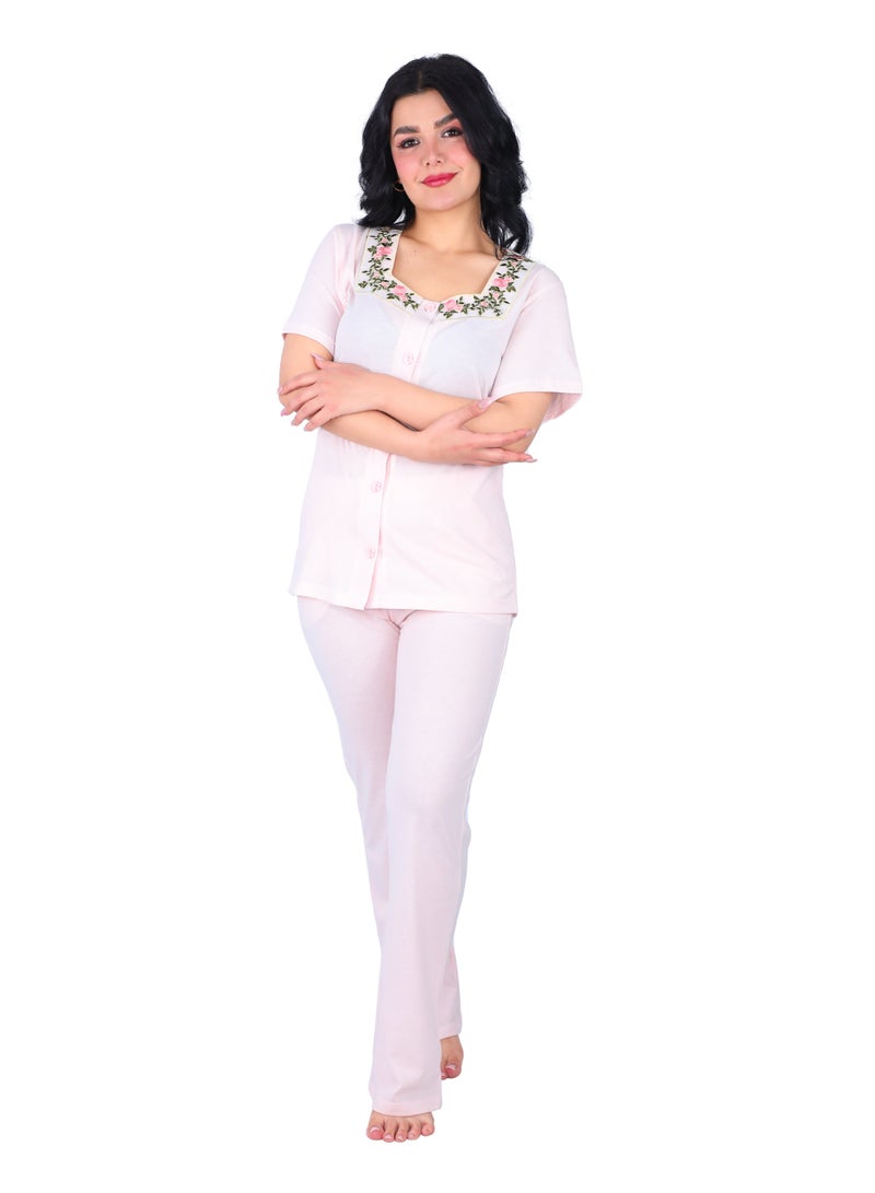 Dadoush Women's Cotton Pajama Set - Short Sleeve Embroidered Neck Top and Plain Pants - Soft, Lightweight, and Breathable Summer Sleepwear - Image 2