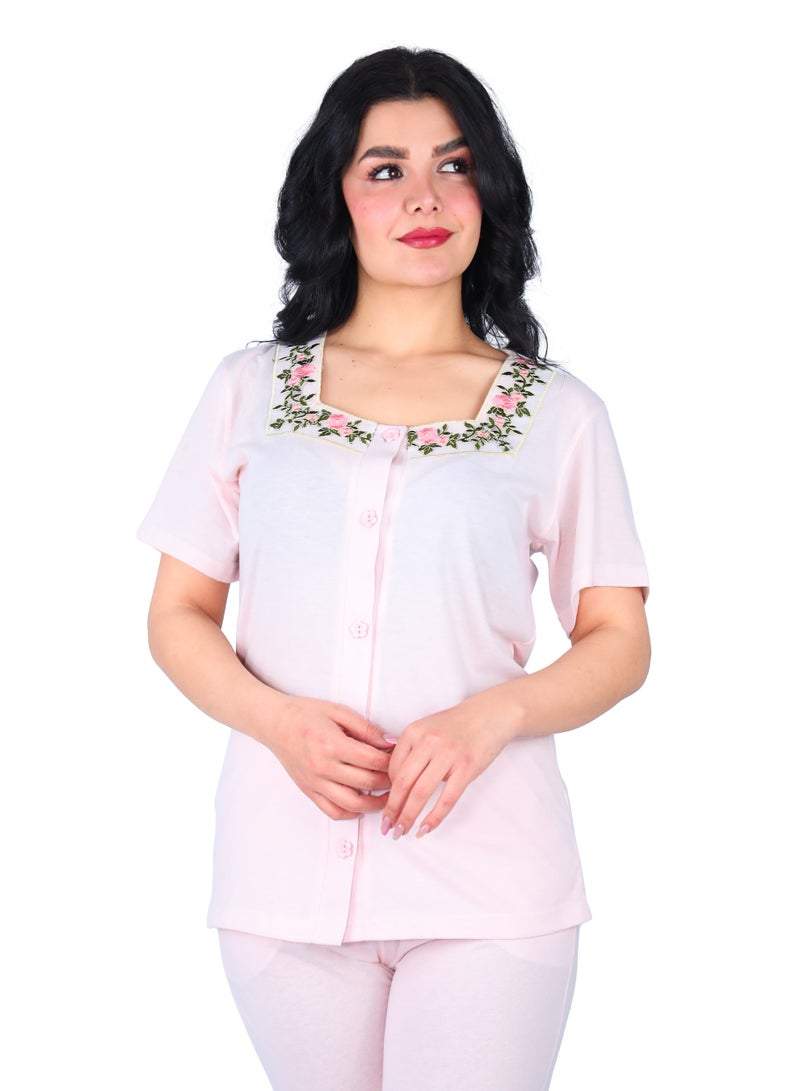 Dadoush Women's Cotton Pajama Set - Short Sleeve Embroidered Neck Top and Plain Pants - Soft, Lightweight, and Breathable Summer Sleepwear - Image 1