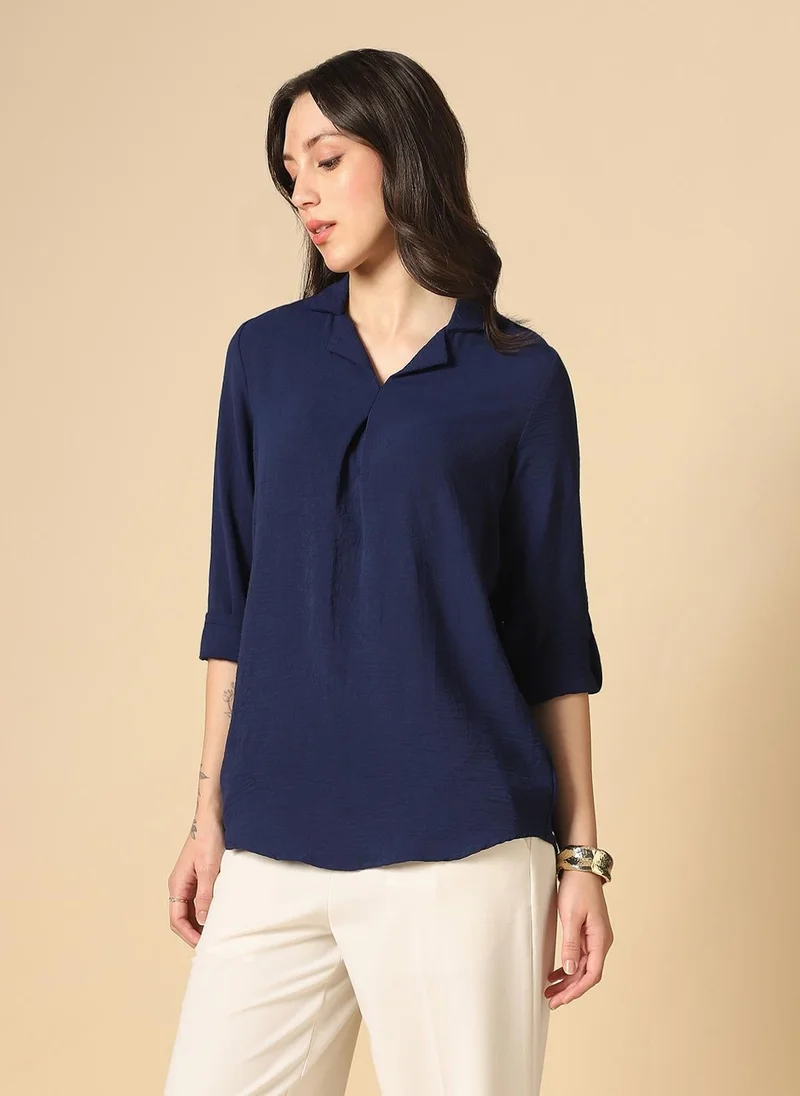 جلو باص قميص نسائي بياقة كوبية وأكمام ملفوفة من جلوبس