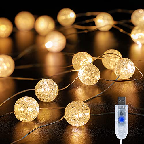 BEEWIN Globe String Lights,10FT 30 LED Decorative Christmas Lights,8 Modes Crystal Crackle Ball Lights,USB Twinkle Fairy Lights for Bedroom,Indoor,Outdoor,Classroom,Wedding,Party,Garden,Warm White - Image 1