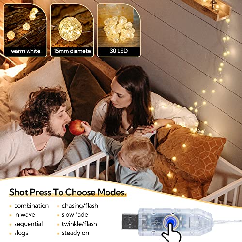 BEEWIN Globe String Lights,10FT 30 LED Decorative Christmas Lights,8 Modes Crystal Crackle Ball Lights,USB Twinkle Fairy Lights for Bedroom,Indoor,Outdoor,Classroom,Wedding,Party,Garden,Warm White - Image 2