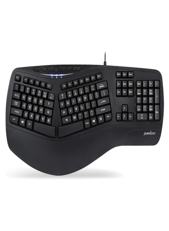 Perixx PERIBOARD-312 Ergonomic Backlit Keyboard - Wired USB with 2 Hubs - Natural Ergonomic Split Design - White LED - Black - Image 1