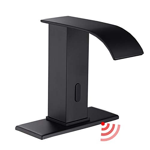 GGStudy Automatic Sensor Matte Black Touchless Bathroom Sink Faucet with Hole Cover Plate Vanity Faucets Hands Free Waterfall Bathroom Water Tap with Control Box and Temperature Mixer - Image 1