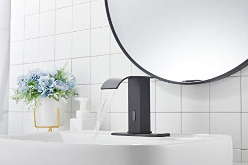 GGStudy Automatic Sensor Matte Black Touchless Bathroom Sink Faucet with Hole Cover Plate Vanity Faucets Hands Free Waterfall Bathroom Water Tap with Control Box and Temperature Mixer - Image 3
