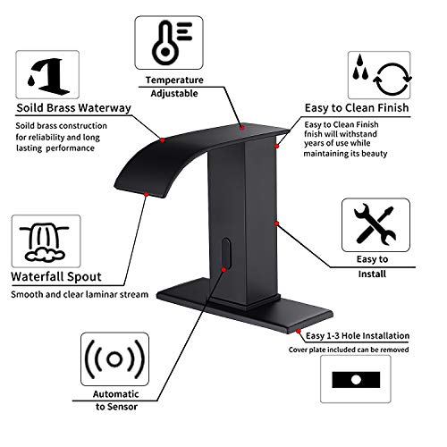 GGStudy Automatic Sensor Matte Black Touchless Bathroom Sink Faucet with Hole Cover Plate Vanity Faucets Hands Free Waterfall Bathroom Water Tap with Control Box and Temperature Mixer - Image 5