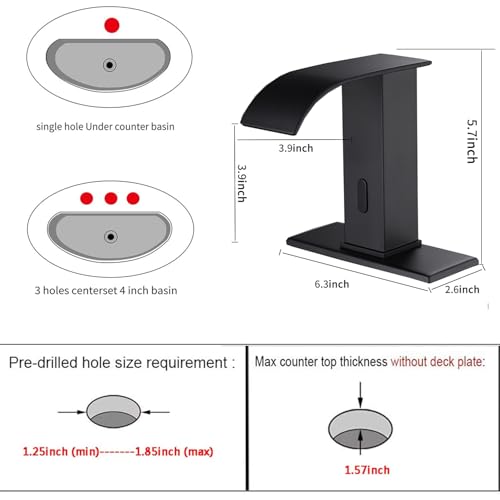 GGStudy Automatic Sensor Matte Black Touchless Bathroom Sink Faucet with Hole Cover Plate Vanity Faucets Hands Free Waterfall Bathroom Water Tap with Control Box and Temperature Mixer - Image 2