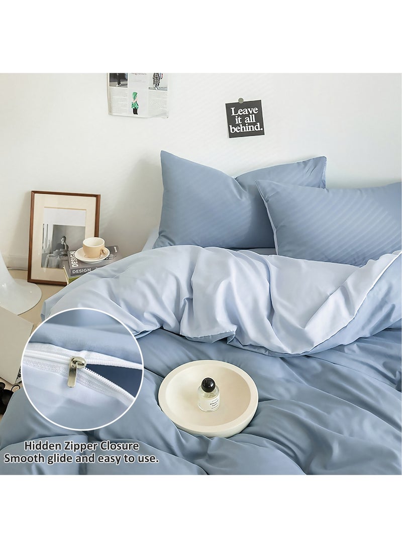 زيريفام طقم غطاء لحاف قطني، 4 قطع غطاء لحاف من الألياف الدقيقة الناعمة الممشطة مع سحاب للإغلاق، يتضمن 1 غطاء لحاف 220 × 240 سم و1 ملاءة مسطحة و2 كيس وسادة، مقاس كينج (أزرق ضبابي) - Image 4