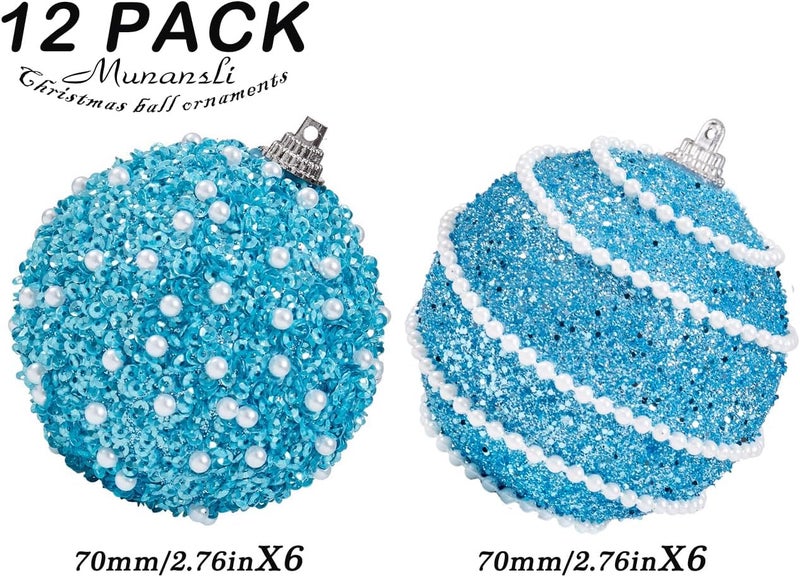 Munansli Baby Blue Christmas Ball Ornaments, Christmas Ball Decorations Shatterproof Plastic Hanging Pearl Balls for Holiday Party(70mm/2.76", 12ct) - Image 3