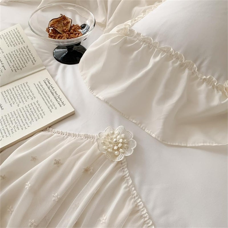 IHOUSTRIY Lace Duvet Cover Queen Size, Chiffon Ruffled Beddding Set with Flower, 3 Pieces Comforter Cover Set with Zipper Closure, Girl Princess Bedding with Pillowcase - White, Queen - Image 4