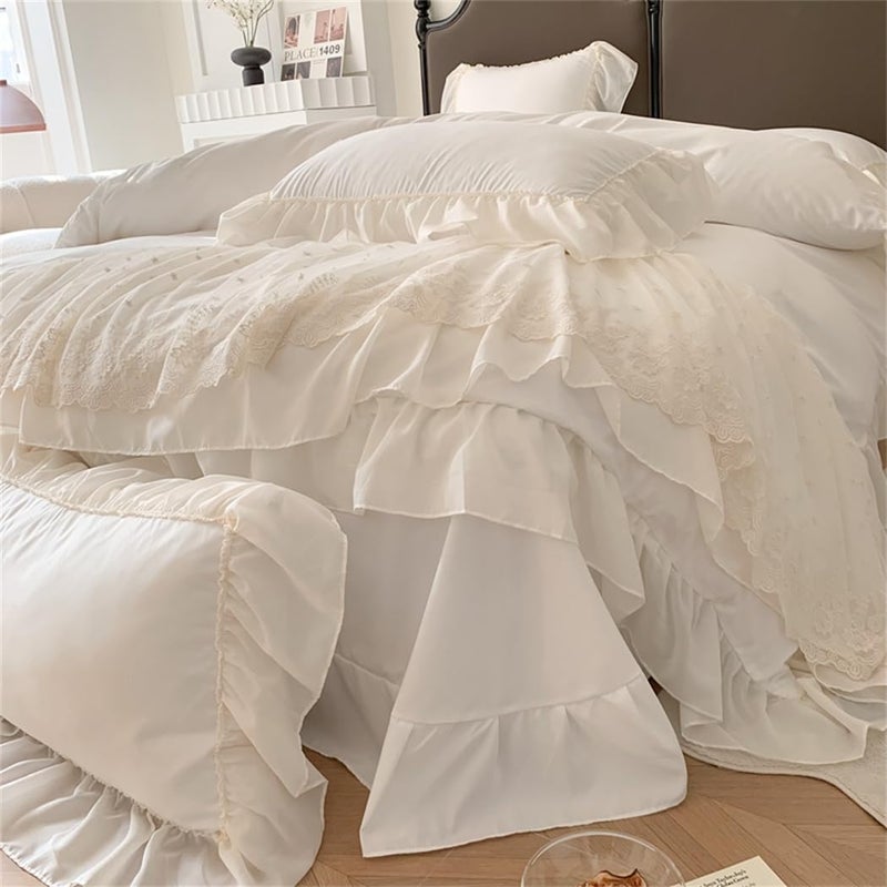 IHOUSTRIY Lace Duvet Cover Queen Size, Chiffon Ruffled Beddding Set with Flower, 3 Pieces Comforter Cover Set with Zipper Closure, Girl Princess Bedding with Pillowcase - White, Queen - Image 3