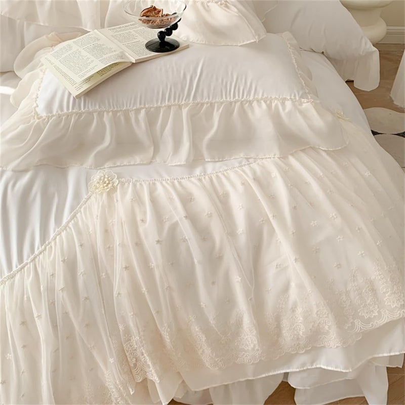 IHOUSTRIY Lace Duvet Cover Queen Size, Chiffon Ruffled Beddding Set with Flower, 3 Pieces Comforter Cover Set with Zipper Closure, Girl Princess Bedding with Pillowcase - White, Queen - Image 5