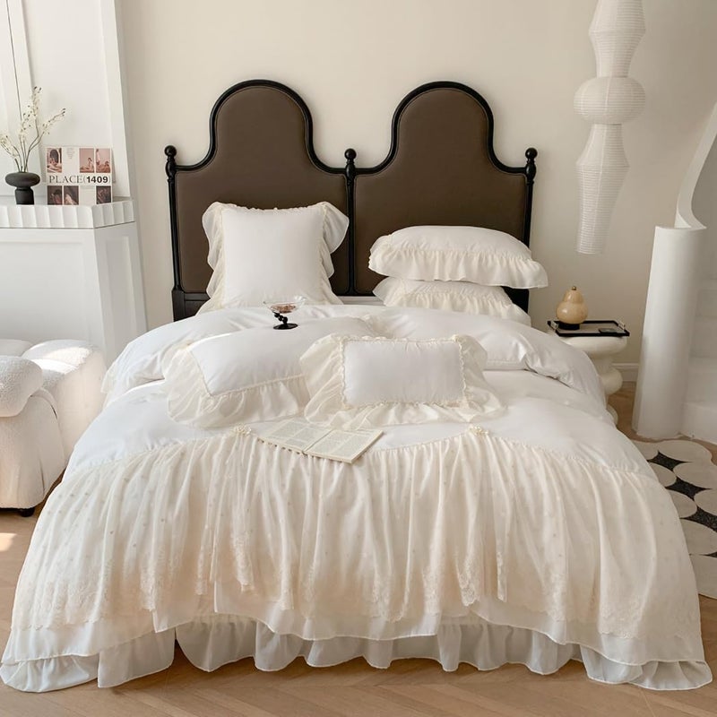 IHOUSTRIY Lace Duvet Cover Queen Size, Chiffon Ruffled Beddding Set with Flower, 3 Pieces Comforter Cover Set with Zipper Closure, Girl Princess Bedding with Pillowcase - White, Queen - Image 1