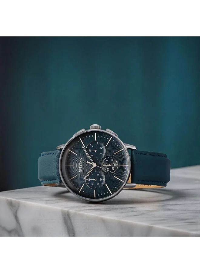 تيتان Men's Leather Analog Watch 90200SL03 - 48 mm