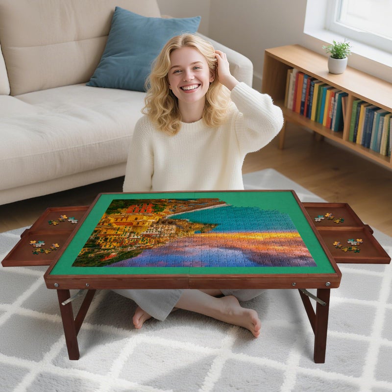 YunSheCSBS 1500 Piece Puzzle Table with Legs 35 x 26 Wooden Jigsaw Puzzle Board with Drawers Cover Felt Portable Puzzle Table with Folding Legs for Adults and Teens Christmas Birthday Gift - Image 3