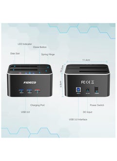 FIDECO Fideco USB 3.0 Dual Bay External Hard Drive Docking Station for 2.5/3.5 Inch HDD/SSD with Hard Drive Duplicator/Offline Clone Function, 16TB, Black, Aluminum  - Image 2