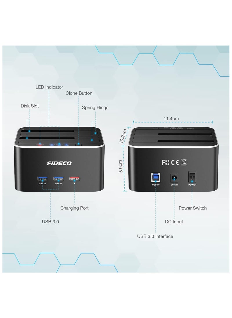 FIDECO - Fideco USB 3.0 Dual Bay External Hard Drive Docking Station for 2.5/3.5 Inch HDD/SSD with Hard Drive Duplicator/Offline Clone Function, 16TB, Black, Aluminum - Image 1