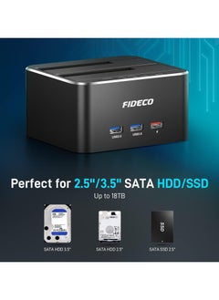 FIDECO Fideco USB 3.0 Dual Bay External Hard Drive Docking Station for 2.5/3.5 Inch HDD/SSD with Hard Drive Duplicator/Offline Clone Function, 16TB, Black, Aluminum  - Image 3