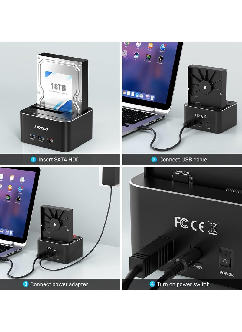FIDECO - Fideco USB 3.0 Dual Bay External Hard Drive Docking Station for 2.5/3.5 Inch HDD/SSD with Hard Drive Duplicator/Offline Clone Function, 16TB, Black, Aluminum - Image 1