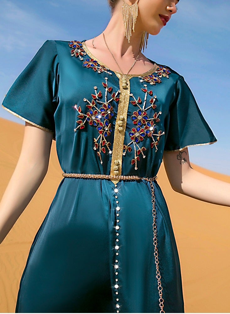 Uni Elegant Blue Muslim Dress for Women Luxury Arabic Dubai Abaya Islamic Jalabiya Clothing Turkey Dresses Moroccan Kaftan Robe  - Image 5