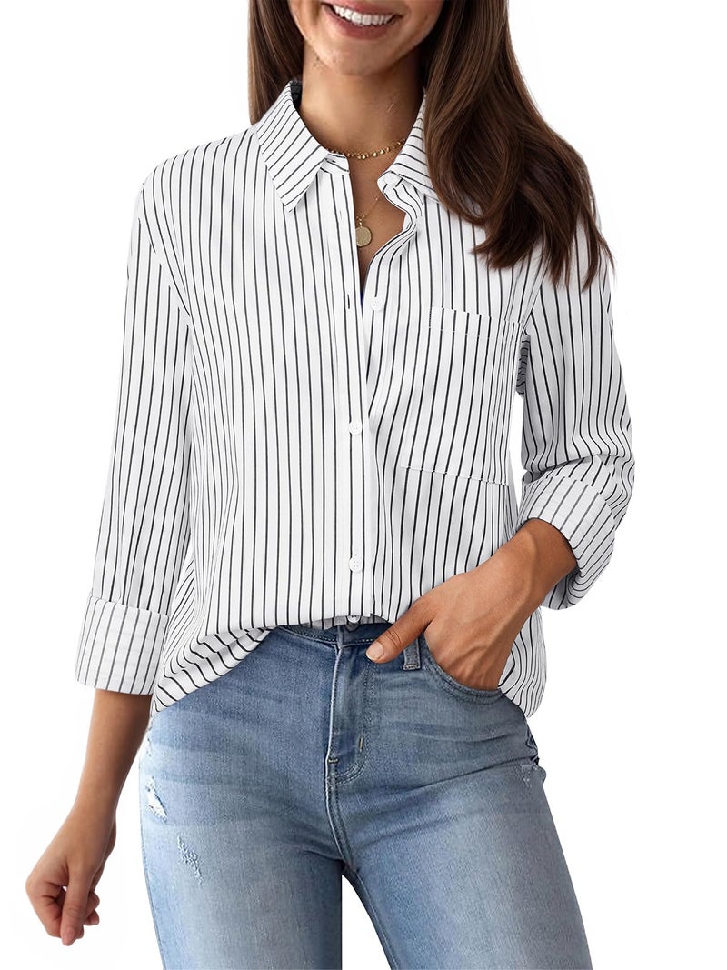 Aoudery Striped Button Down Shirts for Women Cotton Dress Shirts Long Sleeve Collared Blouses Work Business Casual Tops-White Black Wide Stripes L - Image 1