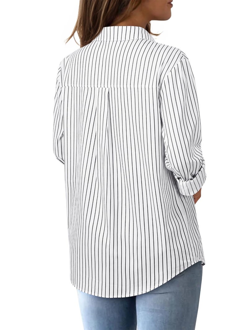 Aoudery Striped Button Down Shirts for Women Cotton Dress Shirts Long Sleeve Collared Blouses Work Business Casual Tops-White Black Wide Stripes L - Image 3