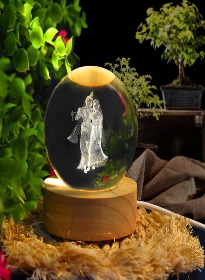 Clickify Crystal Ball Night Lamp 3D Inner Carved Small Light with Wood Base LED Table Lamp Decorative Creative Crystal Ball for Home Office Decoration (Radha Krishna) - Image 1