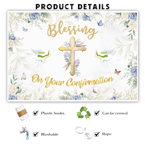 INNORU On Your Confirmation Backdrop Banner, Blessing Photography Backdrop 1st Religious Baptism Bridal Shower Wedding Party Decorations Photo Booth Props 6x4ft - Image 3