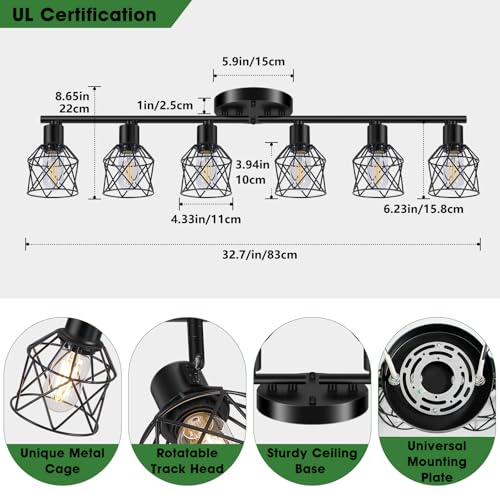 Baocuz 6-Lights Black Semi Flush Mount Ceiling Light, Multi-Directional Ceiling Light Fixtures, Rotatable Kitchen Track Lighting Fixtures with Wire Cages for Living Room, Dining Table, Foyer - Image 2