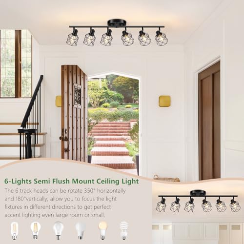 Baocuz 6-Lights Black Semi Flush Mount Ceiling Light, Multi-Directional Ceiling Light Fixtures, Rotatable Kitchen Track Lighting Fixtures with Wire Cages for Living Room, Dining Table, Foyer - Image 4