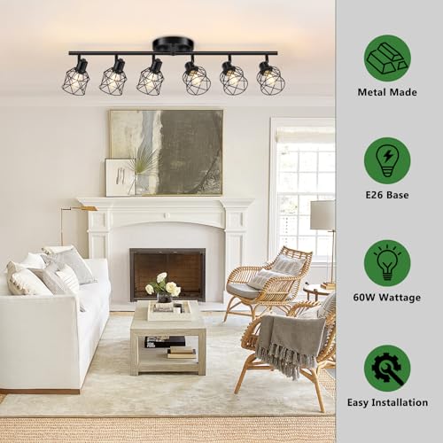 Baocuz 6-Lights Black Semi Flush Mount Ceiling Light, Multi-Directional Ceiling Light Fixtures, Rotatable Kitchen Track Lighting Fixtures with Wire Cages for Living Room, Dining Table, Foyer - Image 3