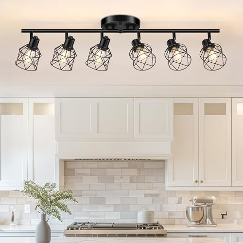 Baocuz 6-Lights Black Semi Flush Mount Ceiling Light, Multi-Directional Ceiling Light Fixtures, Rotatable Kitchen Track Lighting Fixtures with Wire Cages for Living Room, Dining Table, Foyer - Image 1