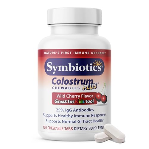 Symbiotics Symbiotics Colostrum 120ct Chewables Plus Immunity Support for Adult Kids Lactoferrin Supplement Colostrum Protein Supports Digestion Gut 25 lgG Antibodies Gluten Free Wild Cherry 