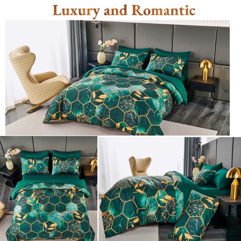 ANGIYUIN Emerald Green Printed Marble Comforter Set Queen, 7Pcs Geometric Hexagon Theme with Gold Leaf Bed in A Bag, Modern Foil Print Bedding Sets with Sheets Pillowcases (Green Queen) - Image 4