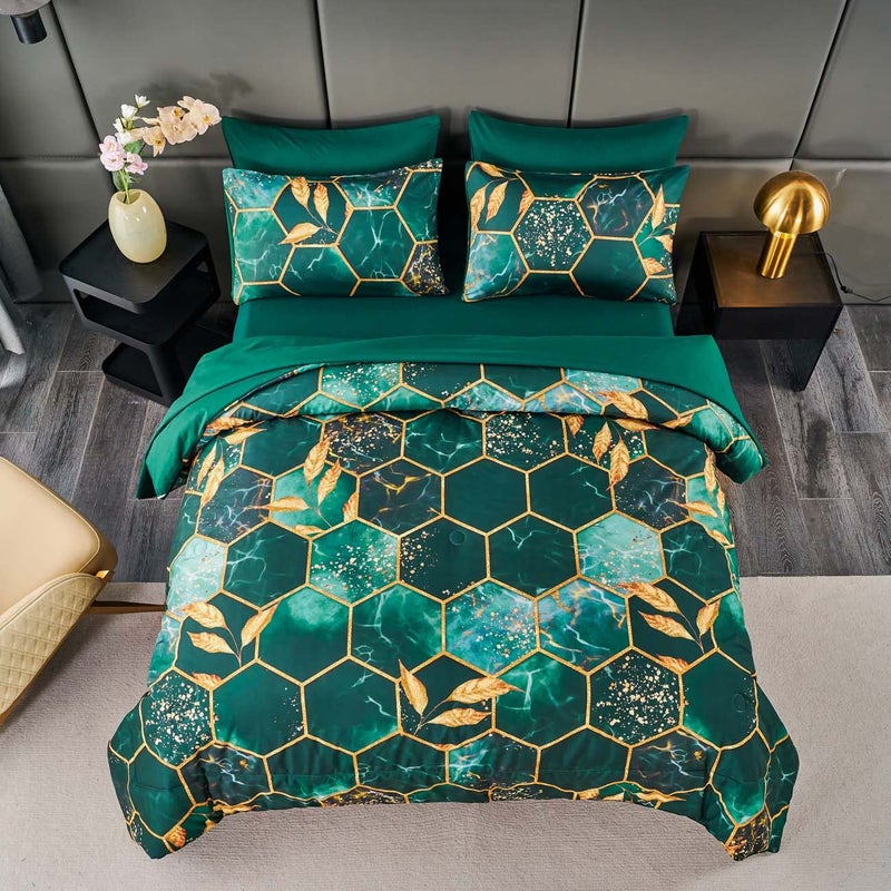 ANGIYUIN Emerald Green Printed Marble Comforter Set Queen, 7Pcs Geometric Hexagon Theme with Gold Leaf Bed in A Bag, Modern Foil Print Bedding Sets with Sheets Pillowcases (Green Queen) - Image 2