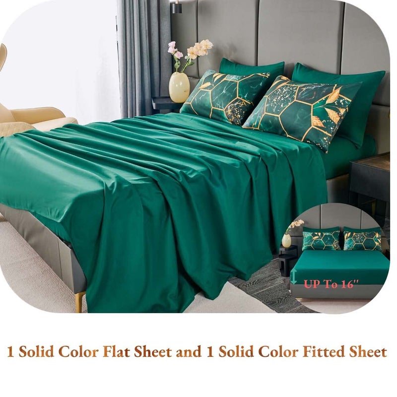 ANGIYUIN Emerald Green Printed Marble Comforter Set Queen, 7Pcs Geometric Hexagon Theme with Gold Leaf Bed in A Bag, Modern Foil Print Bedding Sets with Sheets Pillowcases (Green Queen) - Image 5