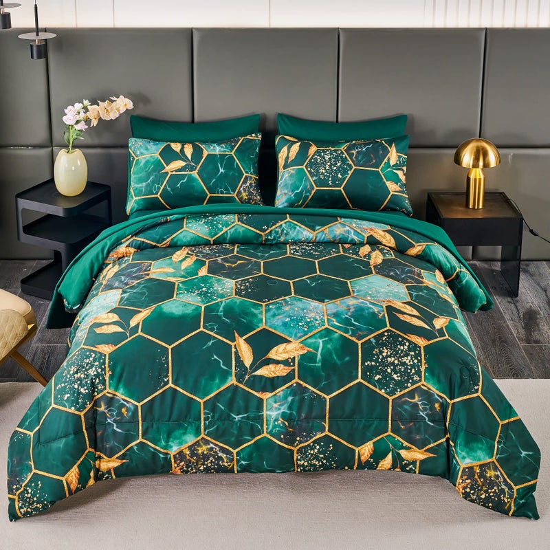 ANGIYUIN Emerald Green Printed Marble Comforter Set Queen, 7Pcs Geometric Hexagon Theme with Gold Leaf Bed in A Bag, Modern Foil Print Bedding Sets with Sheets Pillowcases (Green Queen) - Image 1