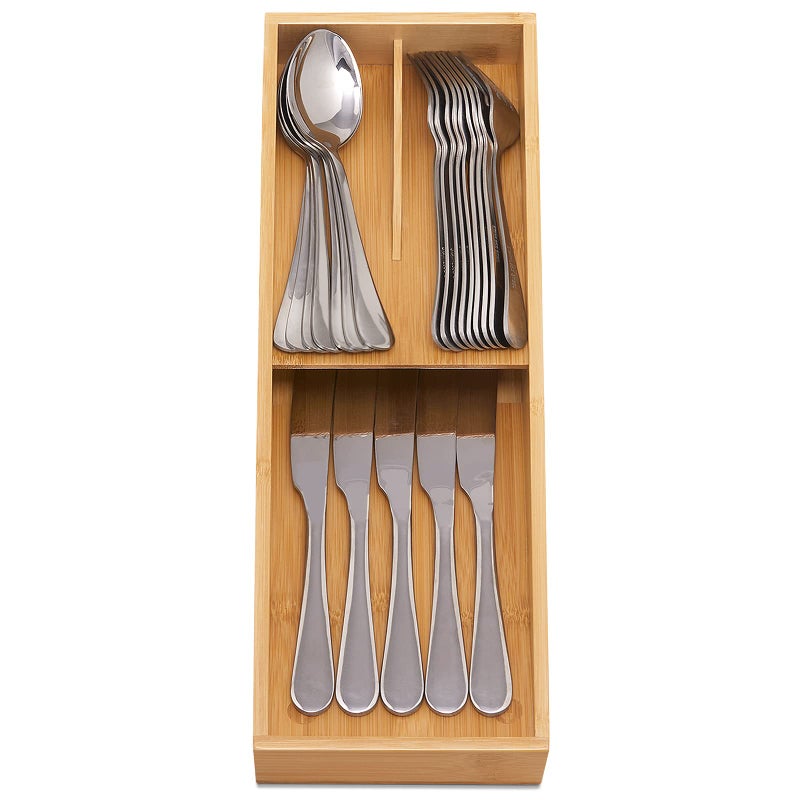 guiogc Bamboo Silverware Drawer Organizer, Kitchen Cutlery Tray,Utensil Holder for Spoons, Forks, Knives in Kitchen - Image 4