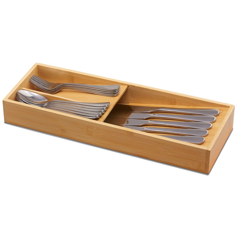 guiogc Bamboo Silverware Drawer Organizer, Kitchen Cutlery Tray,Utensil Holder for Spoons, Forks, Knives in Kitchen - Image 3