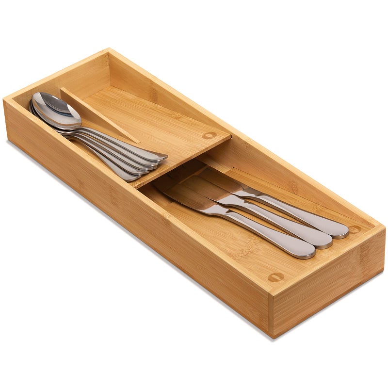 guiogc Bamboo Silverware Drawer Organizer, Kitchen Cutlery Tray,Utensil Holder for Spoons, Forks, Knives in Kitchen - Image 1