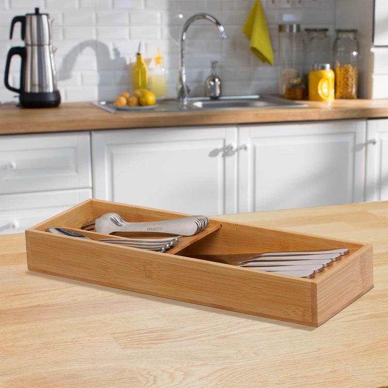 guiogc Bamboo Silverware Drawer Organizer, Kitchen Cutlery Tray,Utensil Holder for Spoons, Forks, Knives in Kitchen - Image 5